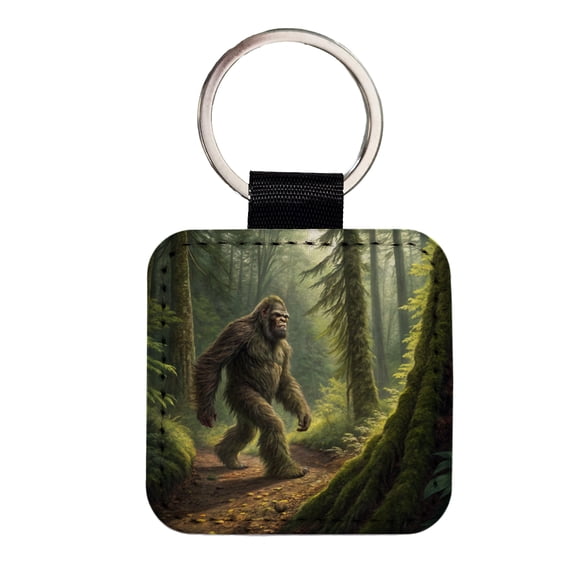Bigfoot Hiking In Forest Faux Leather Square Keychain