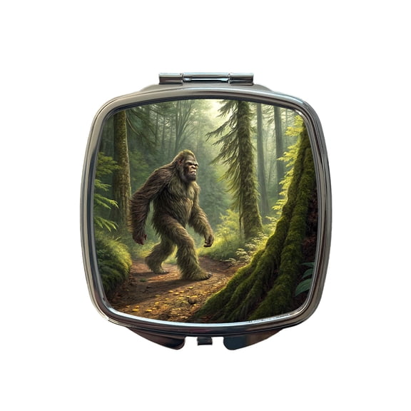 Bigfoot Hiking In Forest Travel Makeup Handbag Purse Small Pocket Compact Mirror
