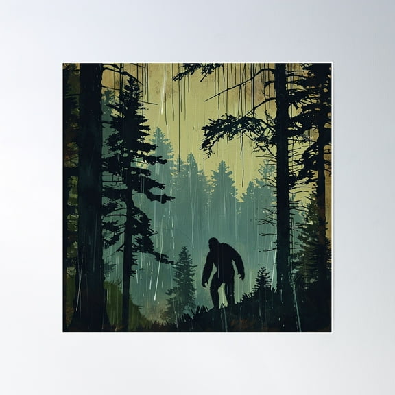 Bigfoot In Rain Inside Forest Retro Art Poster Wall Art, Modern Wall Decor, 30x30 UNFRAMED