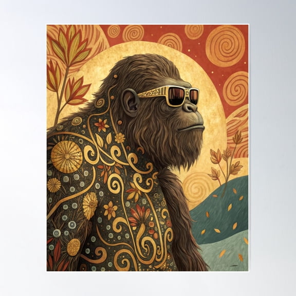 Bigfoot In Sunglasses - Gustav Klimt Style Poster Wall Art, Modern Wall Decor For Living Room Bedroom, 12x18 UNFRAMED