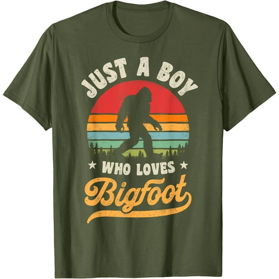 Bigfoot Just A Boy Who Loves Sasquatch Funny Retro Vintage Unisex T-Shirt for Men Women Kids Toddler,Military Green Color,Size XL
