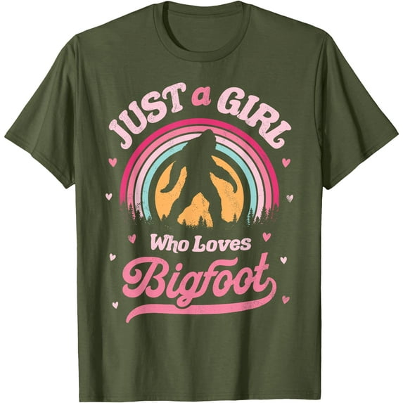 Bigfoot Just A Girl Who Loves Sasquatch Funny Retro Vintage Unisex T-Shirt for Men Women Kids Toddler,Military Green Color,Size 4XL