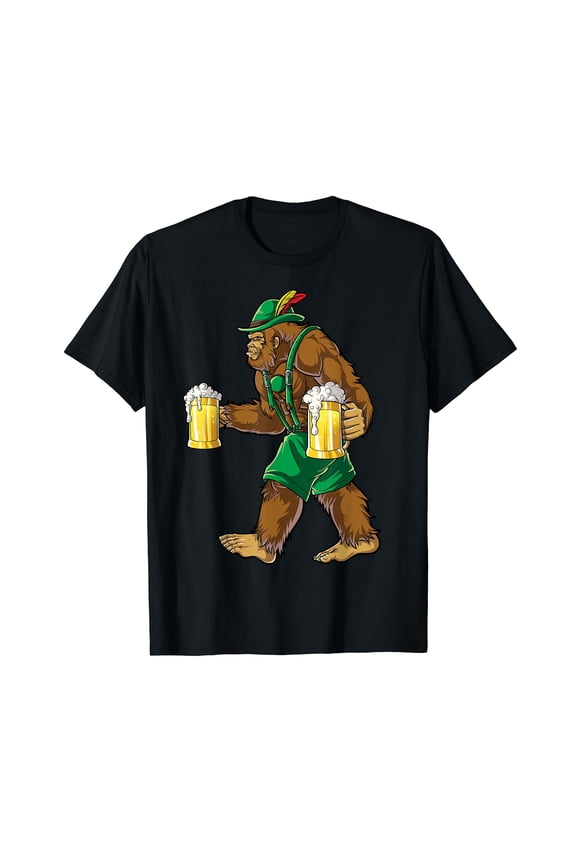 Bigfoot Lederhosen T Shirt Oktoberfest Men Prost Beer Mug Cotton Black T-Shirt