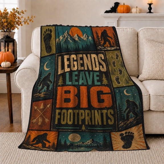 Bigfoot Legends Wilderness Patchwork, Peaceful Mountain Lake Scene, Warm Flannel Blanket for Cabin and Lodge with Detailed Artwork, Outdoor Lovers Camping Gift, Artistic Home Decor