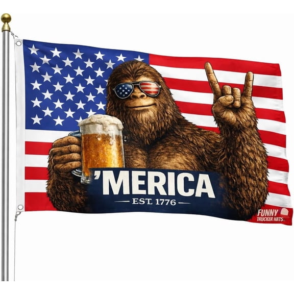 Bigfoot ’MERICA EST 1776 American Flag 3x5 Ft – Funny Patriotic Sasquatch Flag, Red White Blue Man Cave Garage Bar Indoor Outdoor Flag