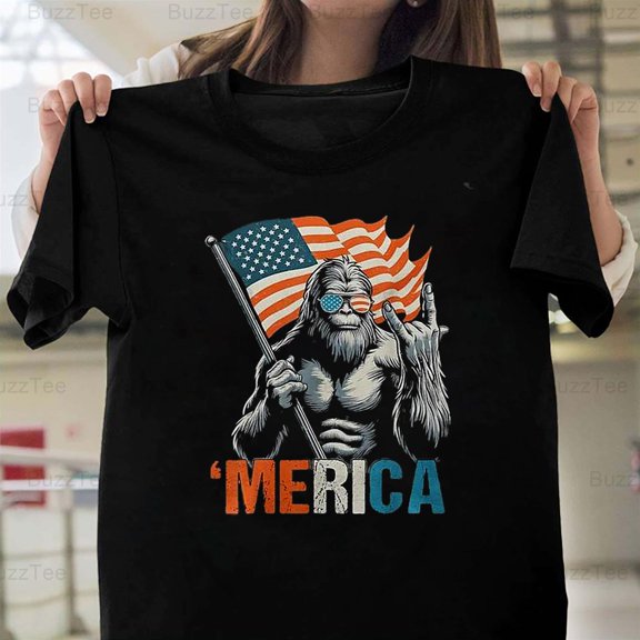 Bigfoot Merica Rock American Flag Patriotic 4th July Sasquatch T-Shirt Unisex, up to 5XL