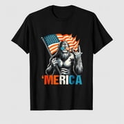 Bigfoot Merica Rock American Flag Patriotic 4th of July T-Shirt