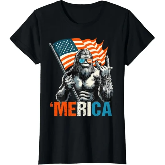 Bigfoot Merica Rock Usa Flag Patriotic 4Th Of July T-Shirt Design Preview Only