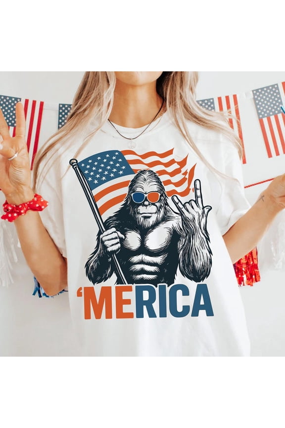 Bigfoot Merica Shirt, Patriotic Sasquatch T-Shirt, Rock Flag 4th of July Tee, American Pride Gift, Funny Independence Day Shirt