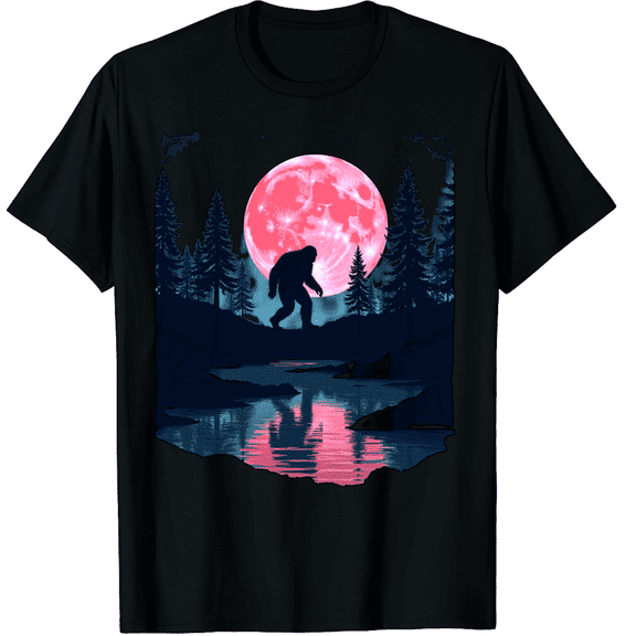 Bigfoot Moon Graphic Night Forest! Cool Sasquatch Graphic Black T-Shirt for Men and Women