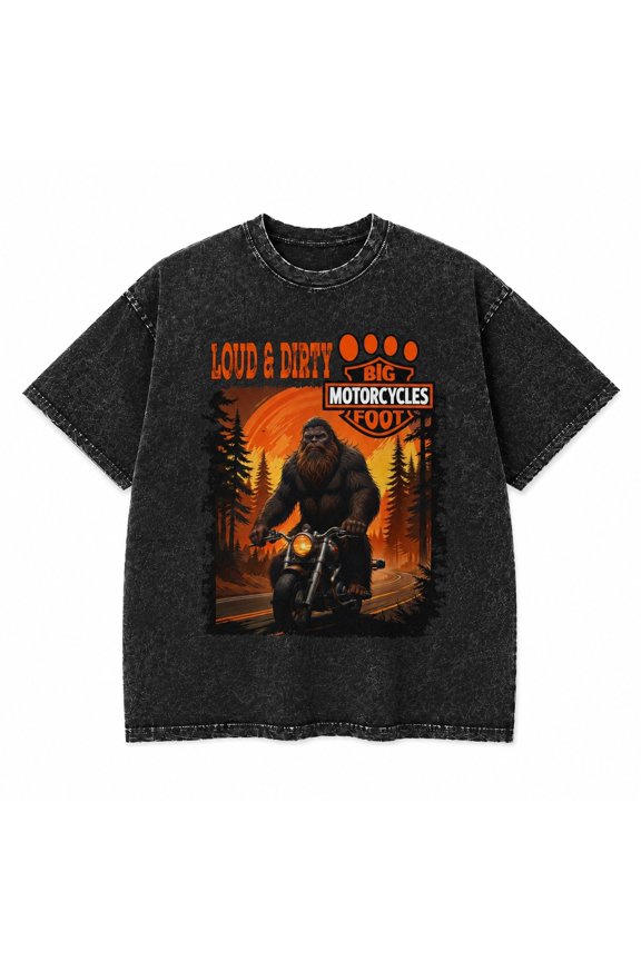 Bigfoot Motorcycle Graphic Washed T-Shirt – Loud & Dirty Sasquatch Biker Tee, Unisex S–5XL