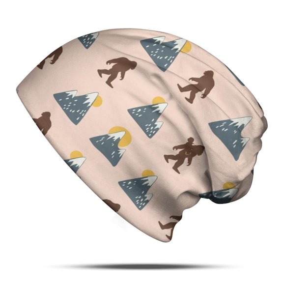 Bigfoot and Mountain Pink Pattern Slouchy Beanie Hat, Warm Winter Beanie with Stretchy Fabric & Soft Texture, Stretchy Polyester Gifts for Unisex Men Women