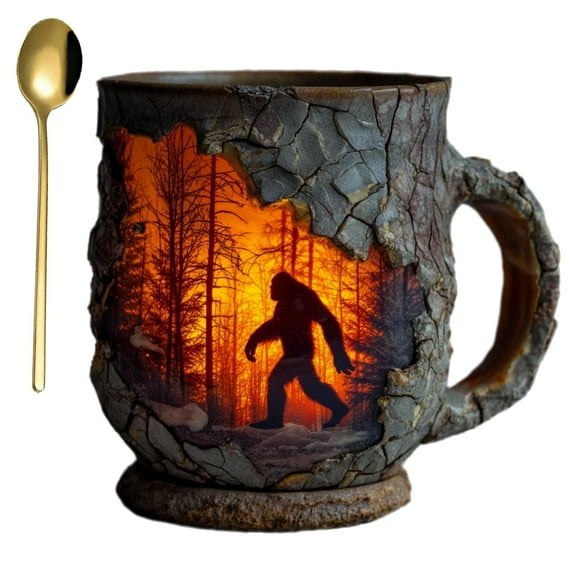 Forest Fire Mug, 3D Coffee Mug, Bark-shaped Mug, Forest Fire 3d Relief Silhouette Glowing Mug, Outdoor Mug for Camping Travel Nature Lovers Mountain Hiking Camping Lovers