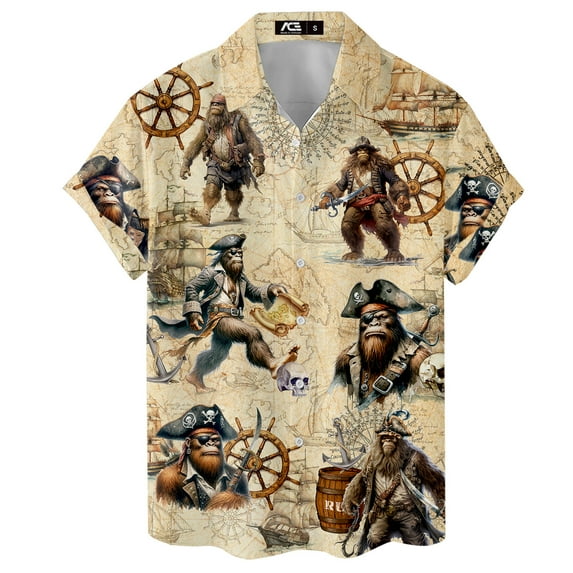 Bigfoot Pirate Hawaiian Shirt For Men Big Foot Sasquatch Gifts Aloha Mens Hawaiian Shirts Short Sleeve Button Down Shirt Men