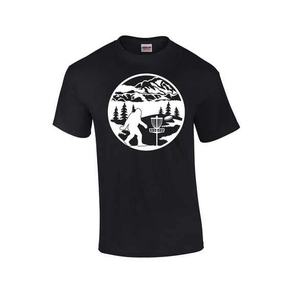 Bigfoot Playing Disk Golf Funny Mens Short Sleeve T-shirt Graphic Tee-Black-large