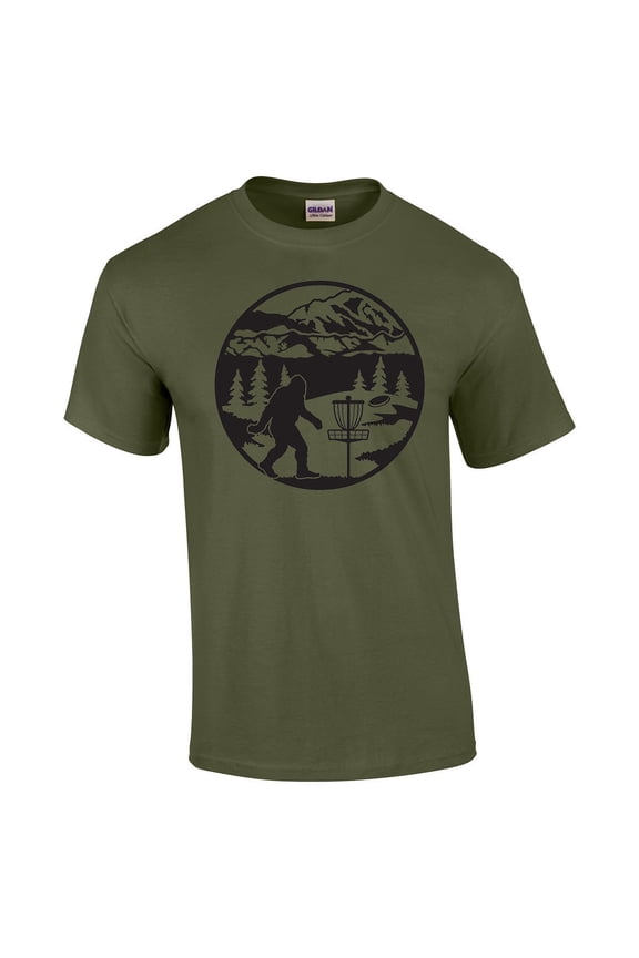 Bigfoot Playing Disk Golf Funny Mens Short Sleeve T-shirt Graphic Tee-Military-large