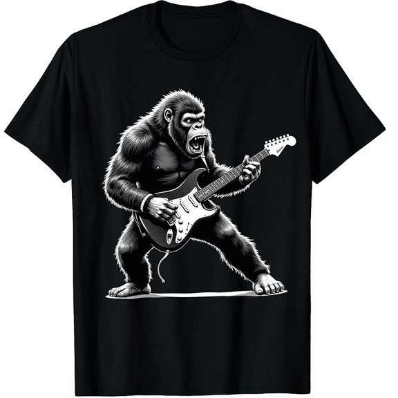 Bigfoot Playing Guitar Rock Music Band Sasquatch Graphic Black T-Shirt for Men and Women