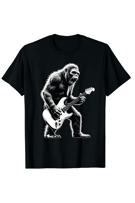 Bigfoot Playing Guitar Rock Music Band Sasquatch Graphic Black T-Shirt for Men and Women