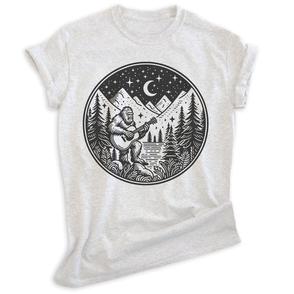 Bigfoot Playing Guitar T-shirt, Unisex Women's Men's Funny Bigfoot Guitarist Sasquatch Music Camping, Heather Ash, X-Small
