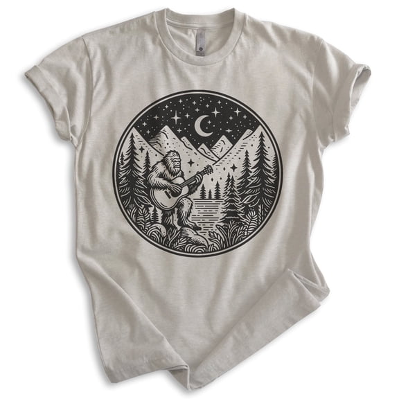 Bigfoot Playing Guitar T-shirt, Unisex Women's Men's Funny Bigfoot Guitarist Sasquatch Music Camping, Light Silk Gray, XX-Large