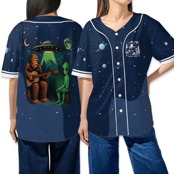 Bigfoot Playing Guitar With Alien And UFO Baseball Jersey – Funny UFO Graphic Shirt for Men & Women – Galaxy Space Fantasy Button Up Tee