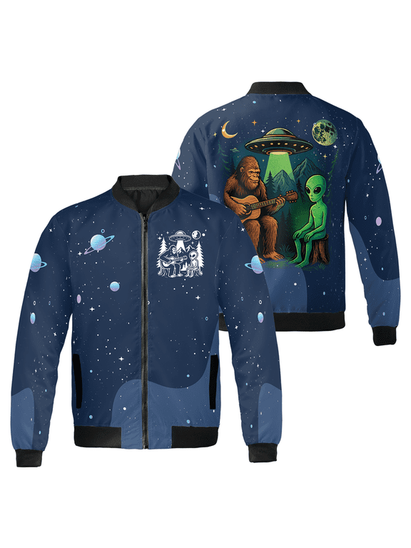 Bigfoot Playing Guitar With Alien And UFO Bomber Jacket - Funny Space Graphic Outerwear - Unisex Novelty Zip-Up Coat