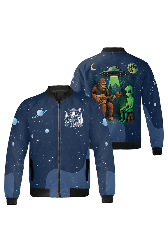 Bigfoot Playing Guitar With Alien And UFO Bomber Jacket - Funny Space Graphic Outerwear - Unisex Novelty Zip-Up Coat