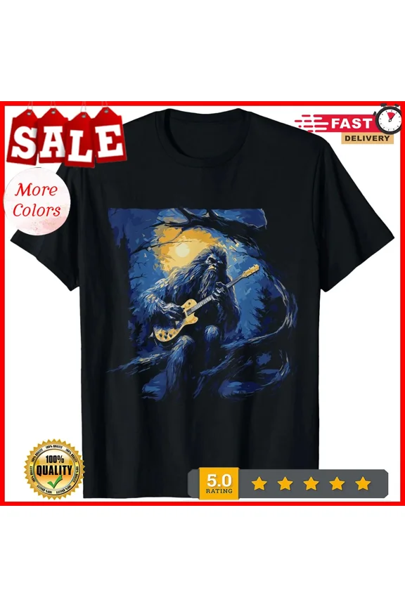 Bigfoot Playing a Guitar Starry Night Sasquatch Rocker Black Cotton T-Shirt