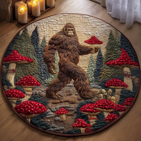 Bigfoot Quilted Round Mat, Sasquatch Theme Round Floor Rug, Woodland Nature Home Decor Mat, Quilted Indoor Carpet for Home