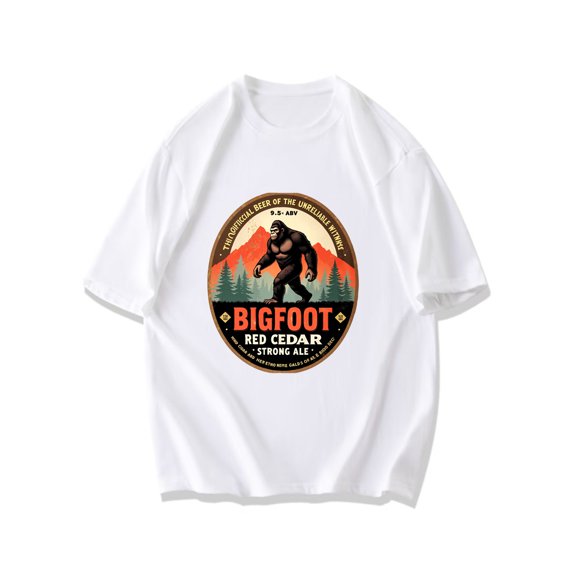 Bigfoot Red Cedar Strong Ale Beer Label T-Shirt Black Bigfoot And Mountain Forest Design With Text For Casual Wear And Beer Enthusiasts