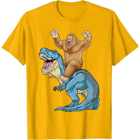 Bigfoot Riding Dinosaur T Rex Cute Sasquatch Dino Unisex T-Shirt for Men Women Kids Toddler,Gold Color,Size 4XL