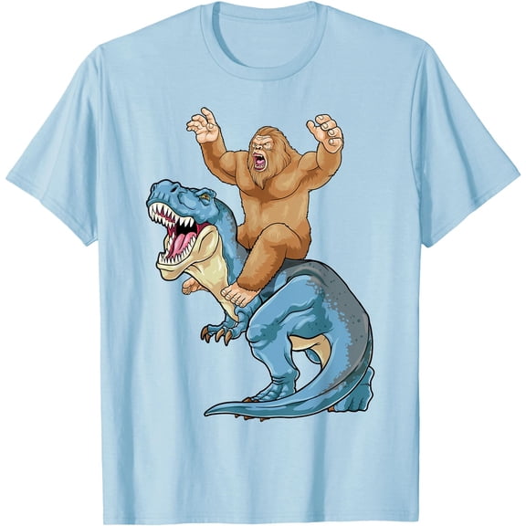 Bigfoot Riding Dinosaur T Rex Cute Sasquatch Dino Unisex T-Shirt for Men Women Kids Toddler,Light Blue Color,Size 4XL