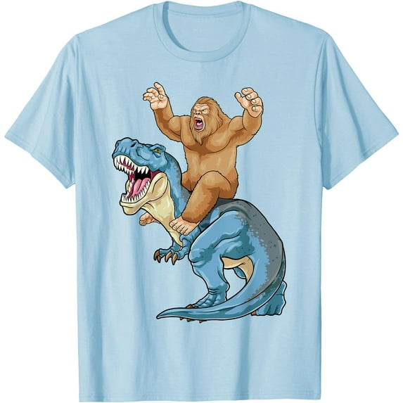 Bigfoot Riding Dinosaur T Rex Cute Sasquatch Dino Unisex T-Shirt for Men Women Kids Toddler,Light Blue Color,Size YXS