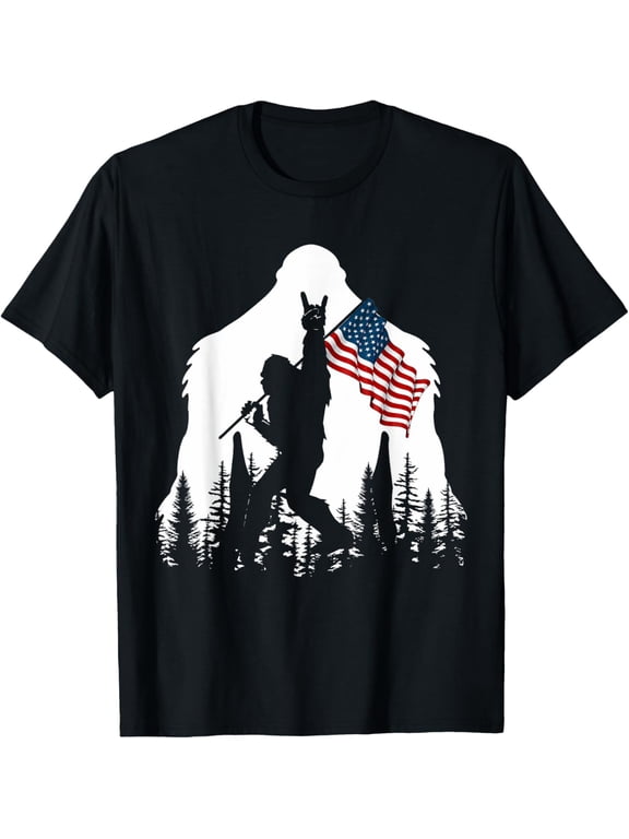 Bigfoot Rock On Hold American Flag Sasquatch Believers T-Shirt men and women can wear, black, white, gifts