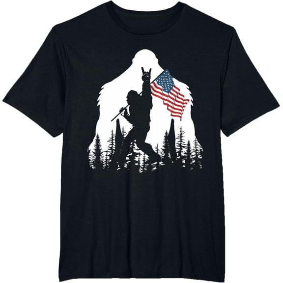 Bigfoot Rock On Hold American Flag Sasquatch Believers T-ShirtMen's and women's gift, black and white T-shirt, size: Extra large S-4XL