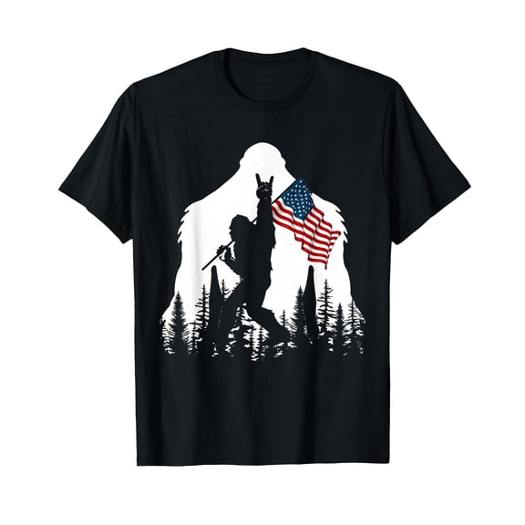 Bigfoot Rock On Hold Flag - Silhouette of Sasquatch with American Flag - Double Sided Outdoor Decor