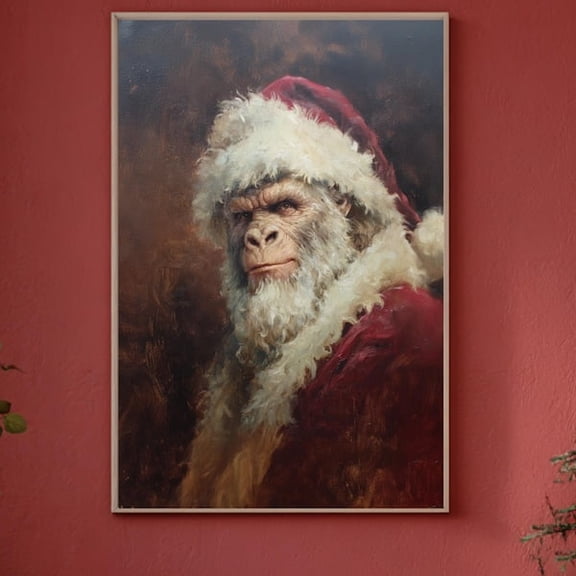 Bigfoot Santa Claus Portrait Christmas Holiday Dad Sasquatch Yeti Gothic Art Poster , Poster Print Only