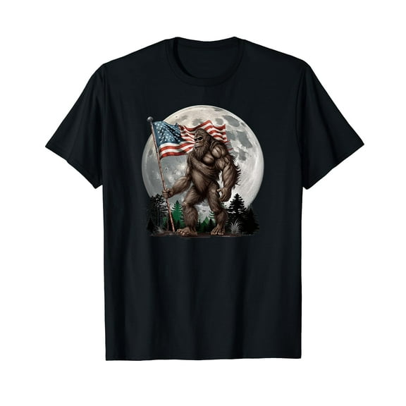 Bigfoot Sasquatch - American Flag Full Moon Patriotic T-Shirt