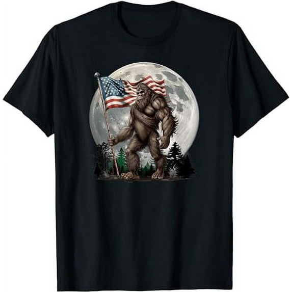 Bigfoot Sasquatch - American Flag Full Moon Patriotic T-Shirt