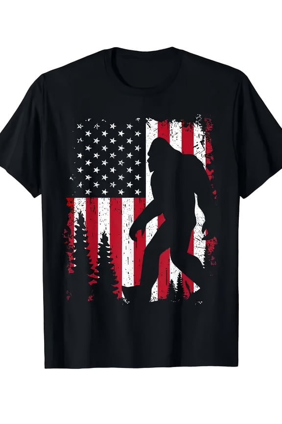 Bigfoot Sasquatch American Flag T-Shirt Vintage Patriotic USA Graphic Tee Retro Distressed Outdoors Hiking Camping Apparel for Men and Women