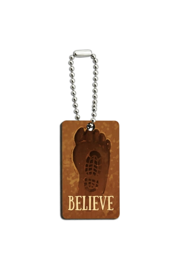 Bigfoot Sasquatch Believe Foot Print Wood Wooden Rectangle Keychain Key Ring