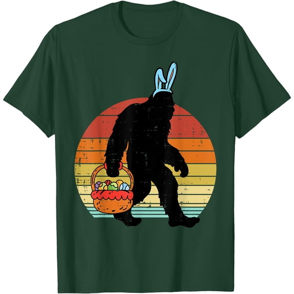 Bigfoot Sasquatch Bunny Easter Eggs Retro Unisex T-Shirt for Men Women Kids Toddler,Forest Green Color,Size YXL