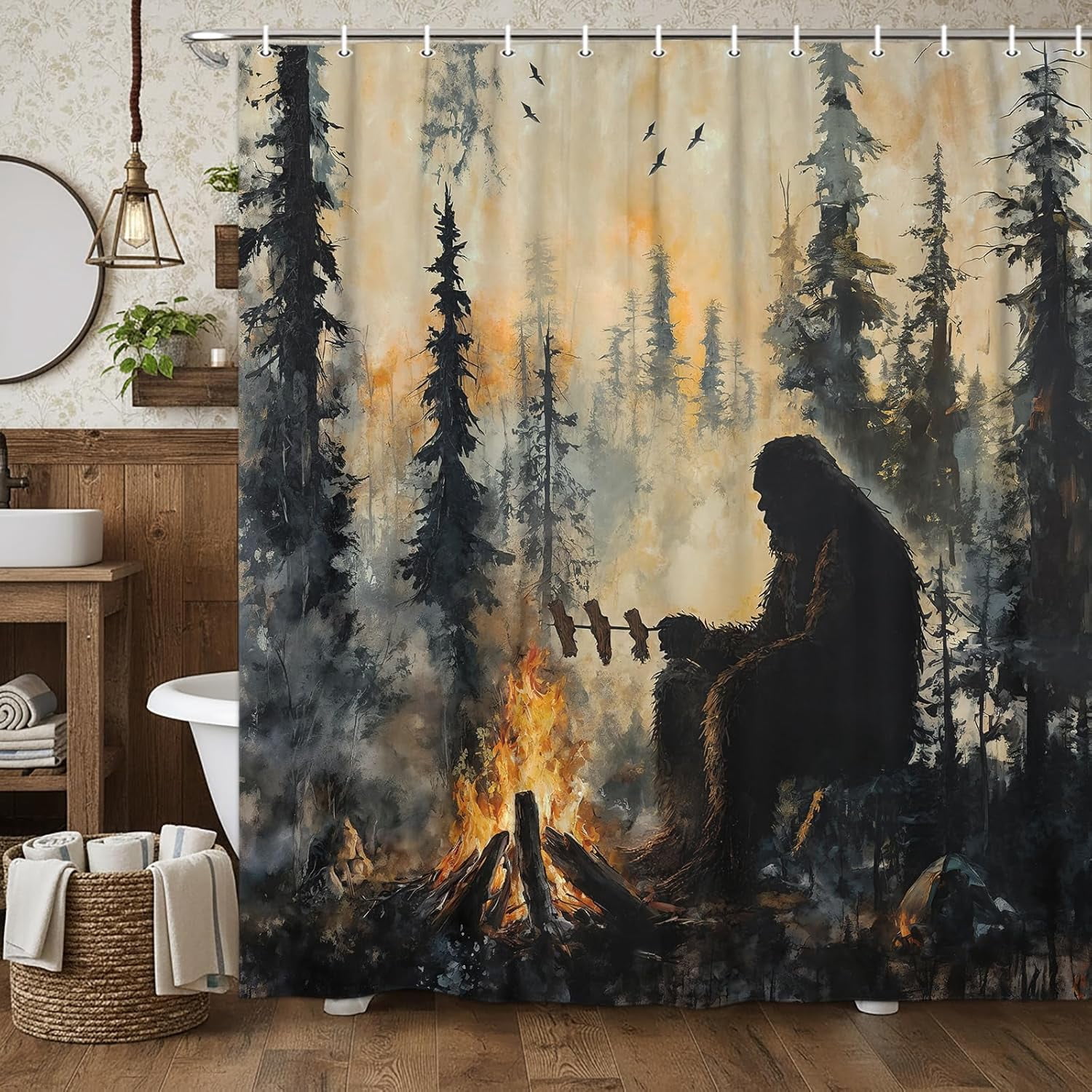 Bigfoot Sasquatch Camping Shower Curtain, Rustic Misty Forest Pine Tree