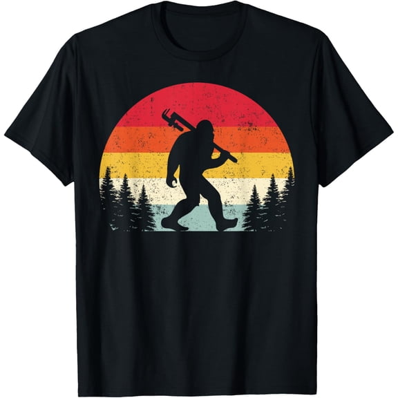 Bigfoot Sasquatch Clothing by A2M Unisex-Adult Retro Funny Bigfoot Plumber Pipe Wrench T-Shirt