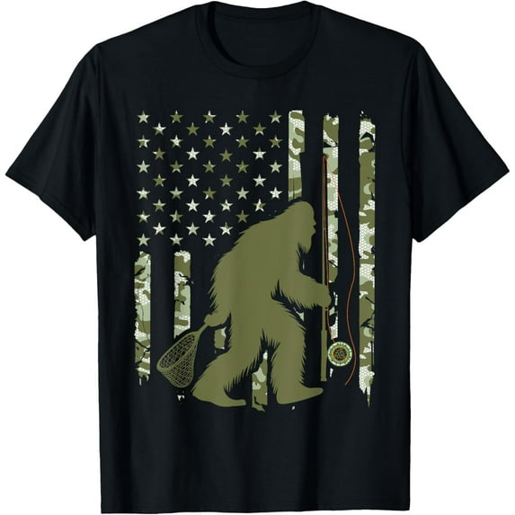Bigfoot Sasquatch Fly Fishing American Flag Camo Vintage T-ShirtMen and women, Black T-shirt, size: Extra large
