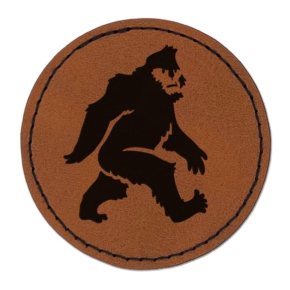 Bigfoot Sasquatch Mythical Creature Cryptid Walking 2.5" Faux Leather Round Engraved Iron-On Patch - Brown