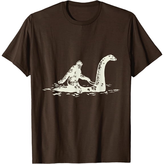 Bigfoot Sasquatch Riding The Loch Ness Monster Funny Unisex T-Shirt for Men Women Kids Toddler,Dark Chocolate Color,Size M