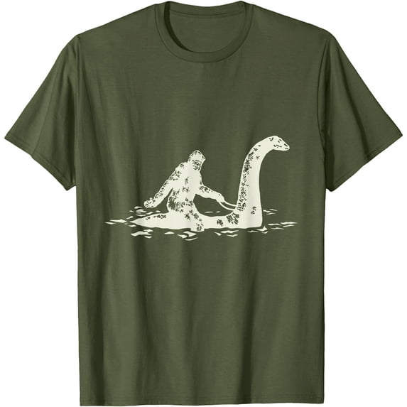 Bigfoot Sasquatch Riding The Loch Ness Monster Funny Unisex T-Shirt for Men Women Kids Toddler,Military Green Color,Size 2XL