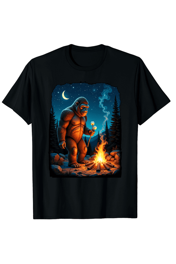 Bigfoot Sasquatch Roasting Marshmallows Camping Adventure Graphic Black T-Shirt for Men and Women