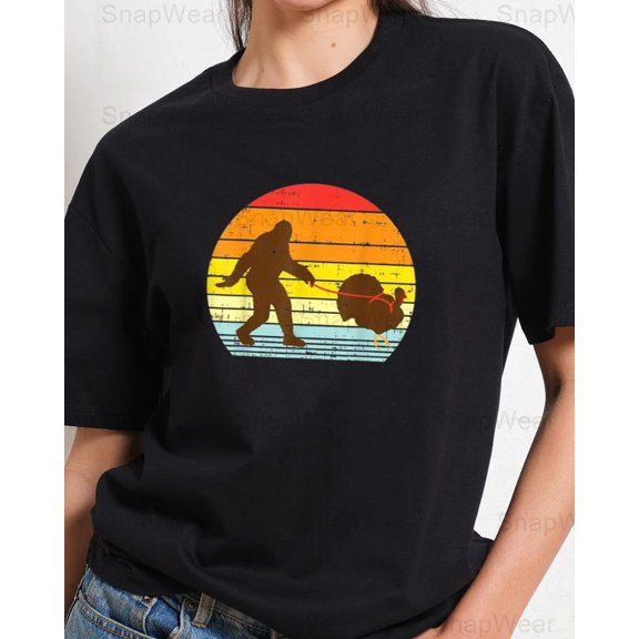 Bigfoot Sasquatch Turkey Sunset Retro Thanksgiving Day Funny Cryptid T-Shirt Unisex, up to 5XL